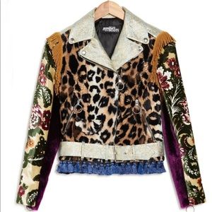 JEREMY SCOTT Paneled Zip Front Faux Fur Moto Mixed Print Jacket Size 2 NWT